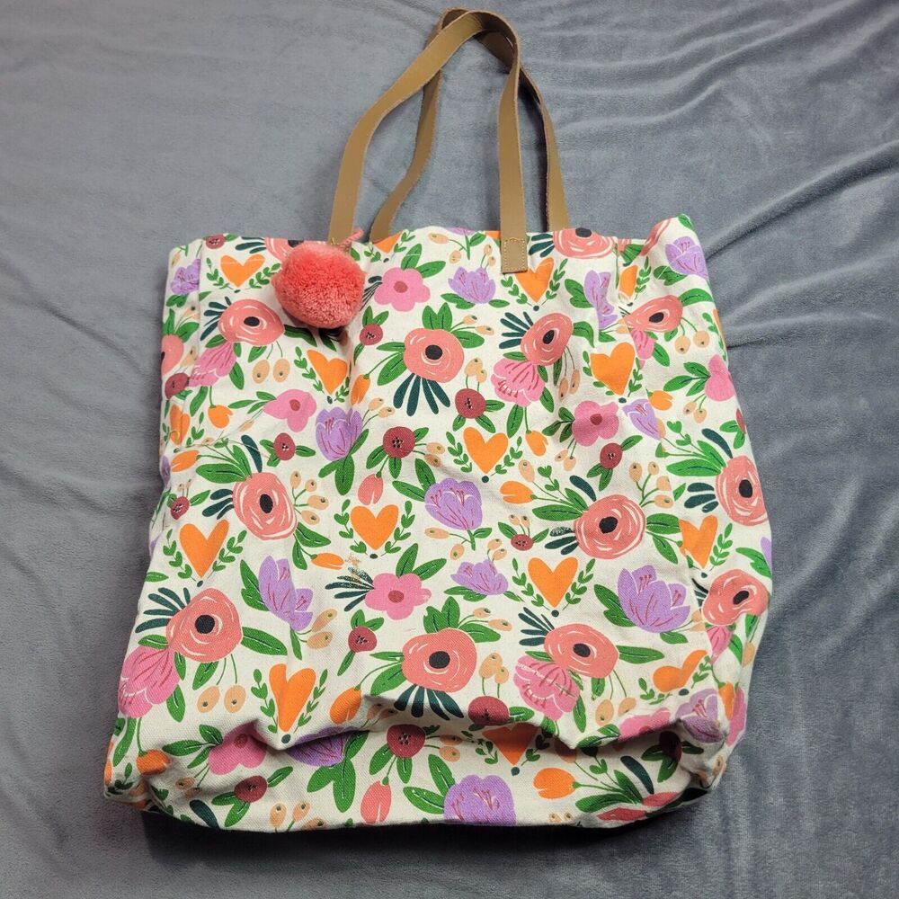 Floral Print Canvas Tote Leather Unique Festival Bag Polka Dotty Place Happy Fr